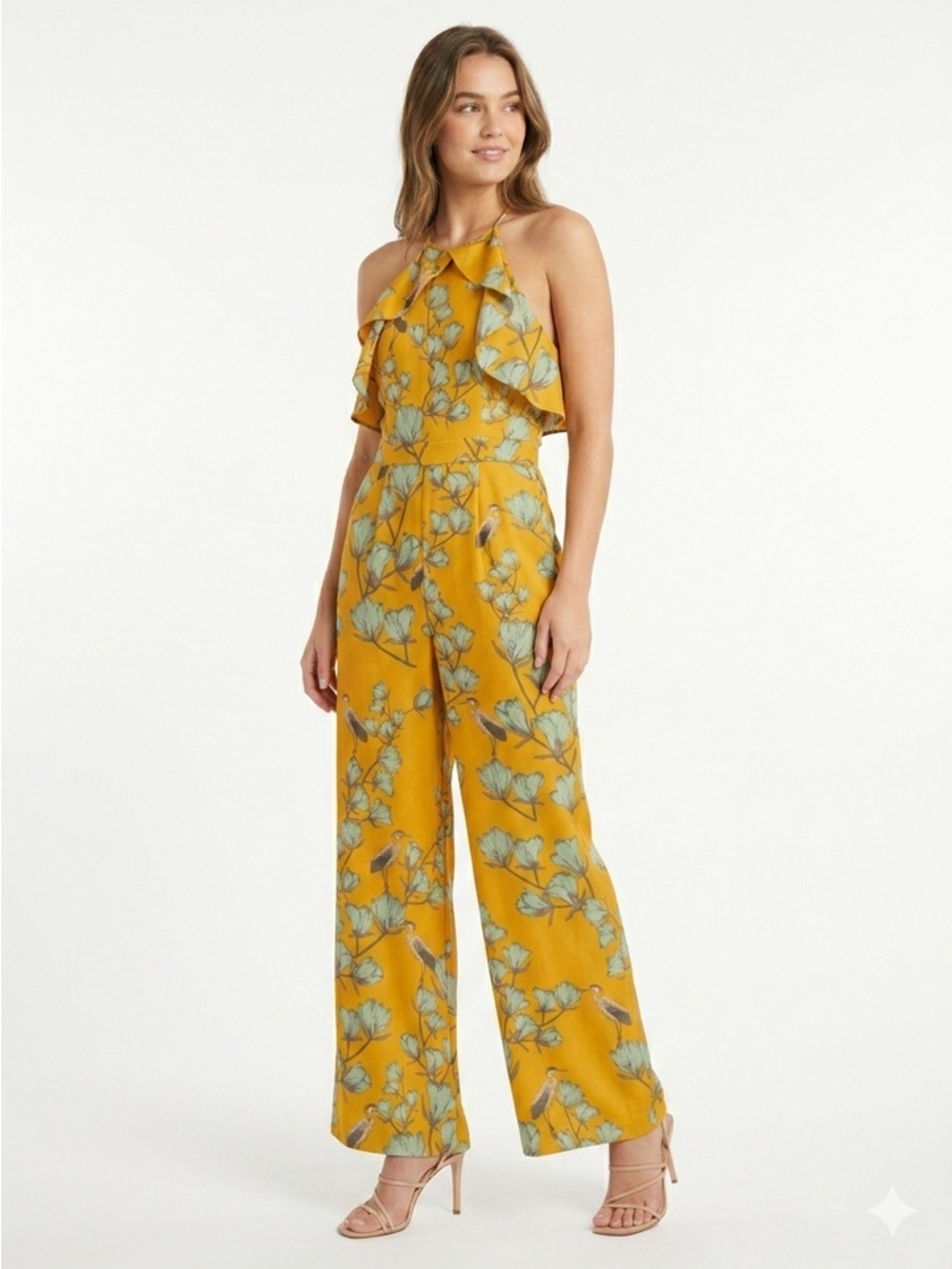 Anthropologie Varun Bahl Jumpsuit Ruffled Halter Bird Floral Yellow Size 10